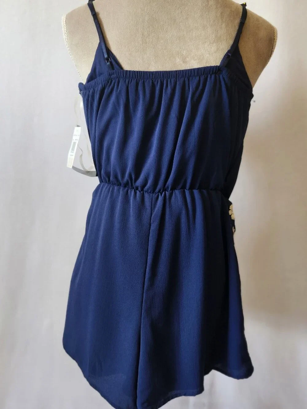 Trixxi Women Size L Blue Faux Surplice Floral Embroidered Strappy Sleeve Romper